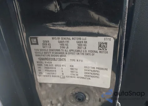 2011 Chevrolet Traverse 1Lt из США, поврежденный, VIN 1GNKRGED0BJ133476